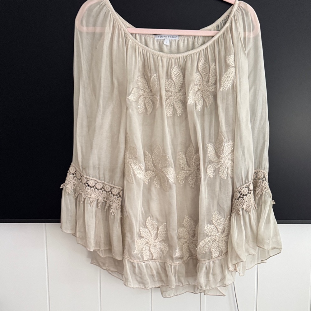 Tempo Paris Cream Embroidered Boho Blouse